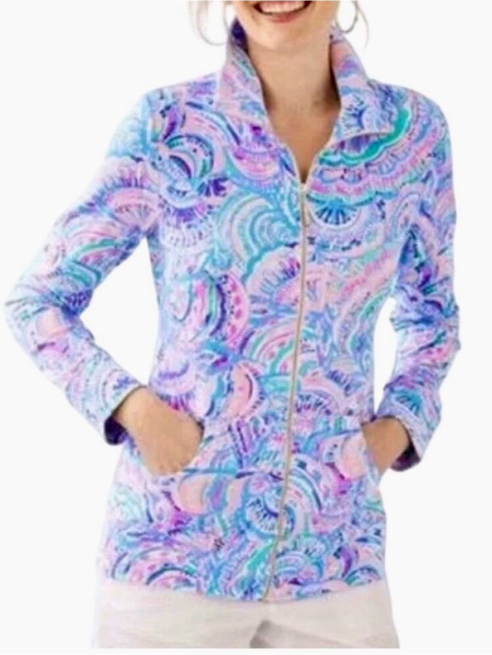 Lilly Pulitzer Leona Full Zip Up Jacket Womens Small Pink Blue Happy as a Clam